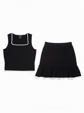 Sincerely Jules Black White Trim Knit Two Piece Set Small Pleated Skirt Set